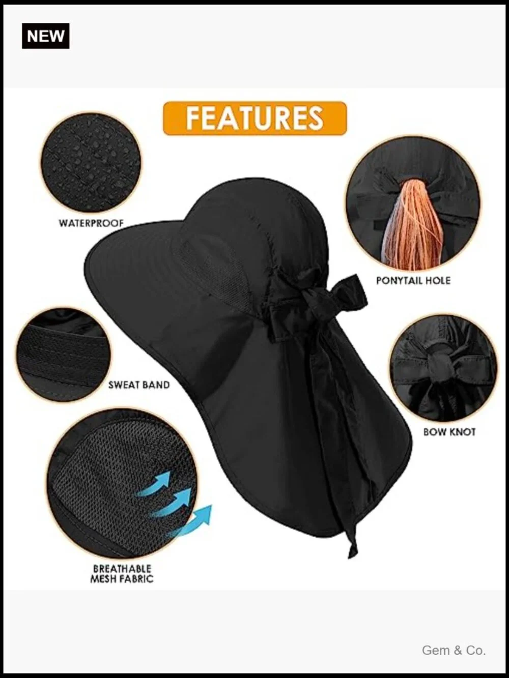 Foldable Waterproof Wide Brim Bucket Hat with Neck Flap for Fishing Hiking